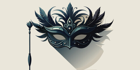 Elegant black masquerade mask with feathers and stick