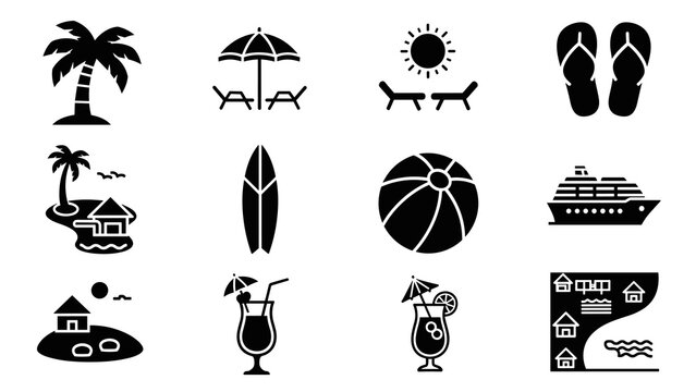 Silhouette icons of beach and summer: palm tree, surfboard, cocktail, cruise ship