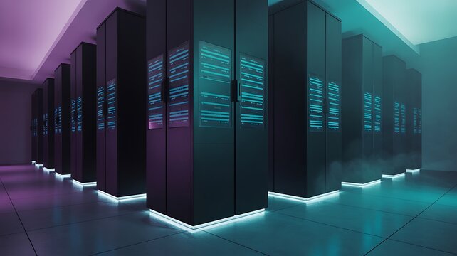 Data Center Elegance: An array of server racks illuminated by ambient light, creating a futuristic environment. Showing the heart of data storage and processing. - Powered by Adobe
