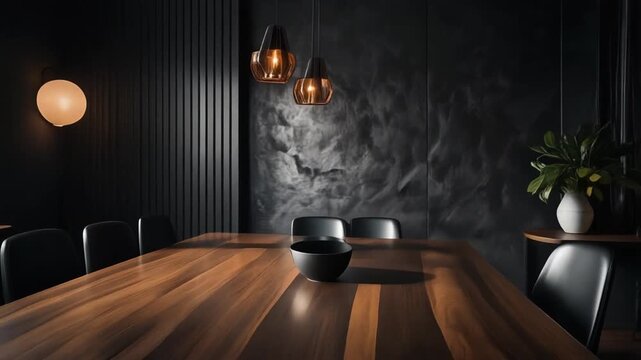 A dining area with matte-black finishes, light shimmering on textured walls as the camera circles the polished wooden table.