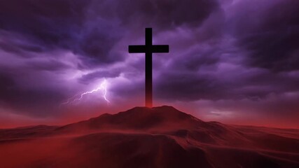 Dramatic 3D animation of a Christian cross silhouette standing on a desolate hill under a turbulent purple and red storm sky with intense electrical lightning strikes. - Powered by Adobe
