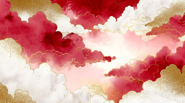水墨調の紅白の雲・和風背景