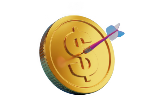 Golden dollar coin with dart hitting the center isolated on transparent background for financial success and investment goals - Powered by Adobe
