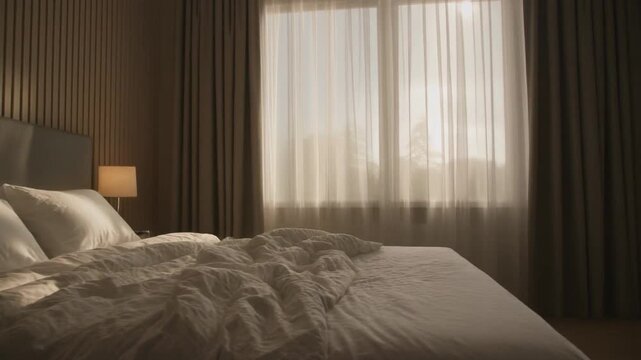 camera sweeps across bedroom as sheer curtains sway slightly and sunlight transitions softly along layered bedding