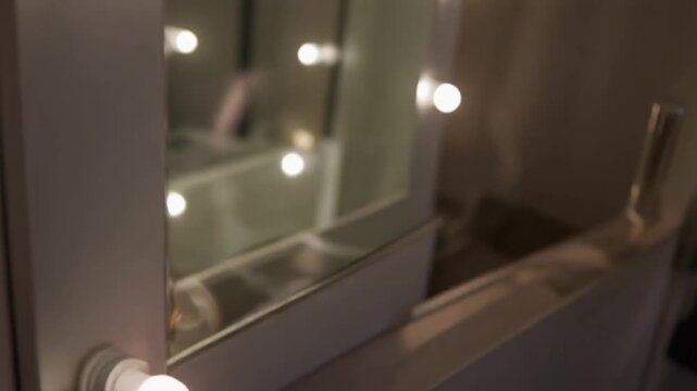 camera sweeps over vanity mirror surface capturing moving reflections from soft ambient lights behind camera