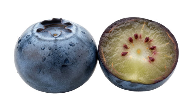 A close-up of a blueberry and its interior half against a black background