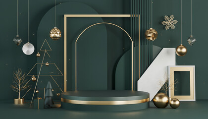 Elegant Christmas display with modern geometric decorations and dark green backdrop for stunning holiday promotions and festive marketing campaigns