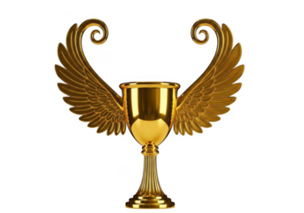 Golden winged trophy isolated on transparent background for achievement and success
