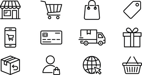 Collection of hand drawn online shopping icons representing e commerce retail delivery and customer service for website and app design isolated on white background