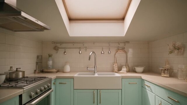 Kitchen setup with chrome fixtures, pastel-toned cabinetry, and diffused skylight brightening the entire workspace.