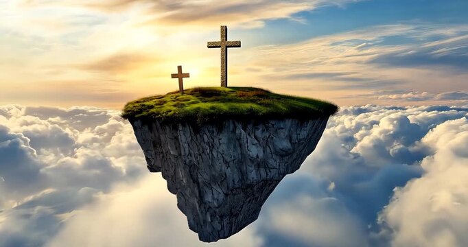 A floating island with crosses stands amidst clouds, bathed in golden light, symbolizing faith and spiritual hope.