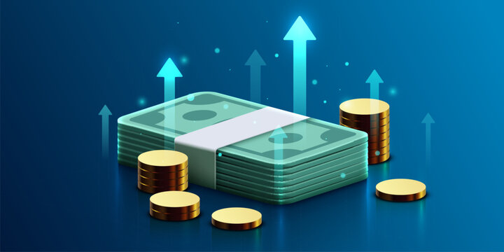 Dynamic financial growth concept featuring a stack of banknotes and golden coins with upward arrows.