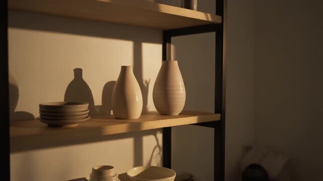 Living room shelves casting soft shadows, warm highlights sliding over matte ceramics as the frame tracks slowly across the space.