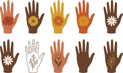 Diverse hands with unique designs a collection of illustrated palms showcasing cultural art individuality and unity through body art and creative expression on human skin