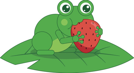 Cute green frog sitting on a lily pad holding a big red strawberry a whimsical cartoon illustration for children s books and educational materials