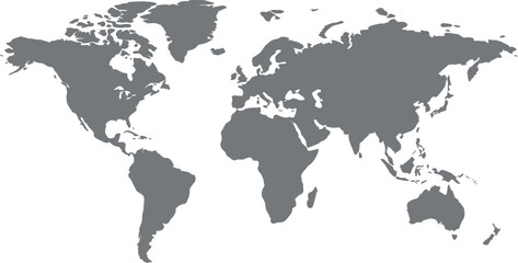 Simple gray world map on white background depicting continents and land masses ideal for geographic studies educational materials and global business presentations