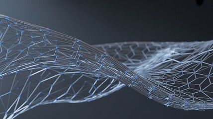 Digital Abstract of a Network: An intricate network of lines and connections forms a dynamic, wave-like shape, suggesting connectivity, data flow, and modern technology.