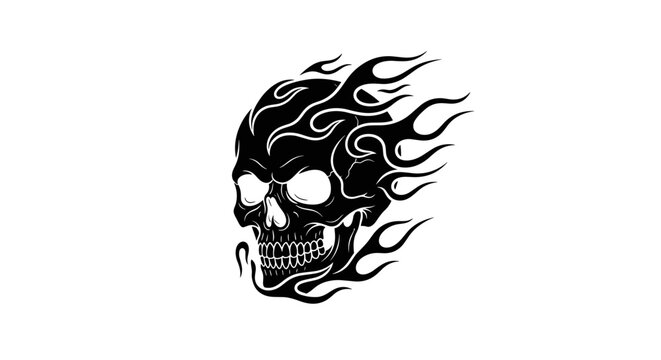 Flaming Skull Illustration with Intricate Details and Fiery Design.
