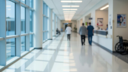 Blurred hospital corridor with walking staff and patients, modern healthcare facility