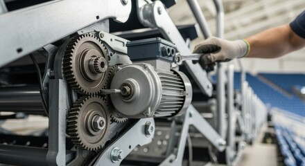 Industrial closeup of gears and motor parts being aligned precisely to enable proper function of retractable arena seats.