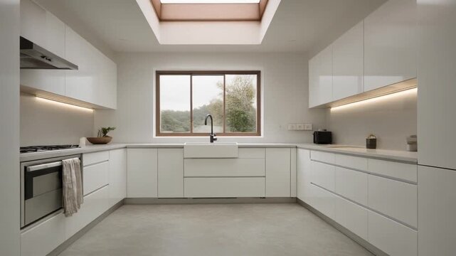 Minimalist kitchen with white slab cabinetry, matte stone flooring, and skylight illumination brightening every surface.