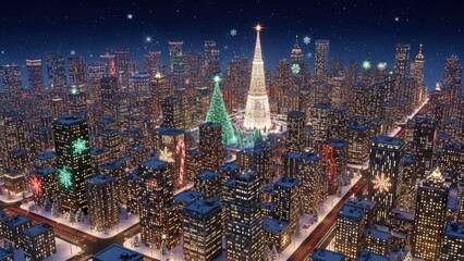 Festive winter cityscape sparkling with holiday lights and decorations on a snow-dusted night