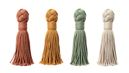 Four decorative tassels in earthy tones, each featuring a braided knot top and a fringe of hanging threads.