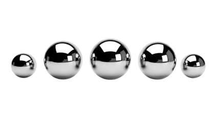 A collection of five polished chrome spheres of varying sizes arranged in a horizontal line against a white background.
