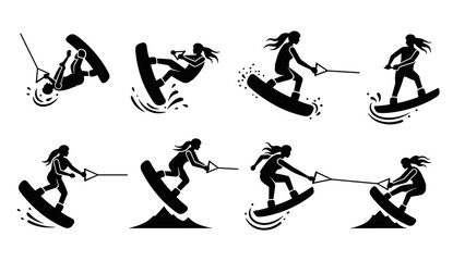Water sports adventure: silhouette icons of women cable wakeboarding