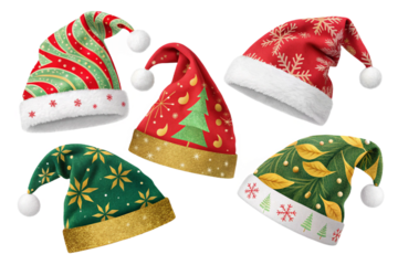 Set of Five Whimsical Christmas Elf Hats with Holiday Patterns Isolated on White