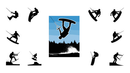 Dynamic silhouette of wakeboarders performing tricks in nature