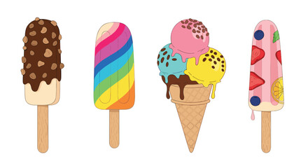 Delicious and colorful set of four different summer ice cream treats including popsicles and a cone on a white background.