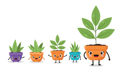 Cute row of five cartoon potted plant characters with happy faces showing the stages of growth from small to large.