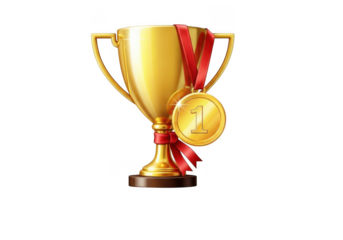 Golden trophy and medal isolated on transparent background for award and achievement