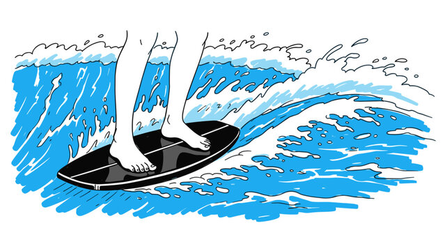 Dynamic surfing scene with feet on surfboard and ocean waves