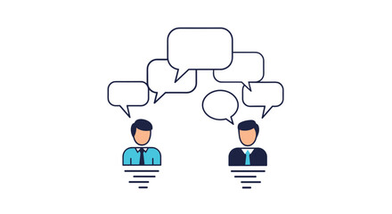Two businessmen characters having a discussion or brainstorming session with multiple empty speech bubbles above their heads icon.