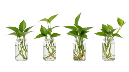 Collection of green indoor plant cuttings propagating in water, showing root growth in clear glass jars, isolated on a white background