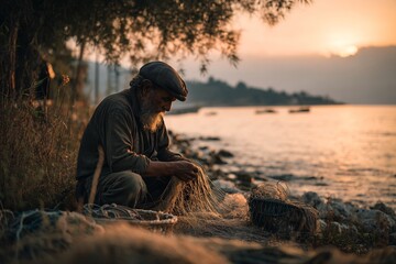 Fototapeta premium Conceptual image of an experienced fisherman diligently repairing his fishing nets by the tranquil sea at sunset, bathed in cinematic golden hour light.