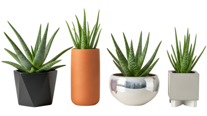 A collection of beautiful Aloe Vera succulent indoor plant specimens in stylish modern pots isolated on a white background