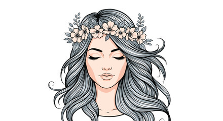 Beautiful portrait of a serene young woman with long flowing grey hair and a delicate pink flower crown with her eyes closed.