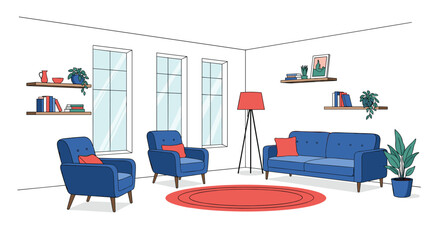 Modern living room interior design sketch with colored blue furniture and a red rug against unfinished black and white outlines.