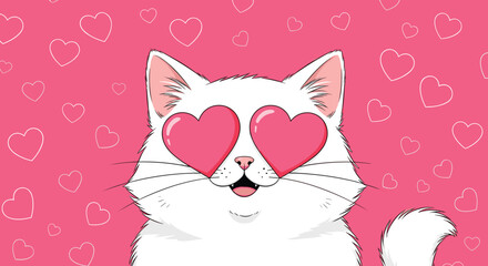 Cute and funny white cartoon cat in love with big pink heart eyes on a pink background with a seamless heart pattern.
