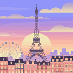 A picturesque view of the Parisian skyline featuring the iconic Eiffel Tower set against a stunning sunset, representing romance, dreams, and travel aspirations.