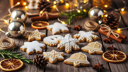 Cozy holiday arrangement of homemade Christmas cookies decorated with powdered sugar, surrounded by festive lights, ornaments, and spices on a rustic wooden table