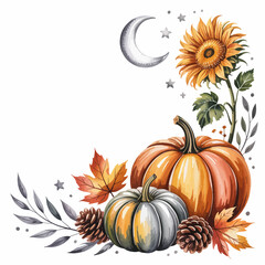 A beautiful autumnal arrangement featuring pumpkins, sunflowers, and leaves, symbolizing the harvest season and the essence of a cozy fall atmosphere.