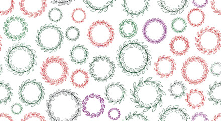 Colorful seamless pattern of hand-drawn doodle wreaths and floral circles in various sizes on a clean white background.