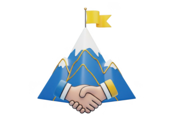 Handshake on mountain peak with flag isolated on transparent background for business success and teamwork
