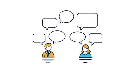 Colorful line icon illustration of a man and woman communicating with multiple empty speech bubbles above their heads.