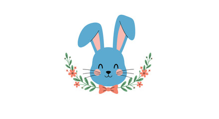 Adorable blue Easter bunny face with a pink bow tie and a delicate floral wreath on a clean white background.