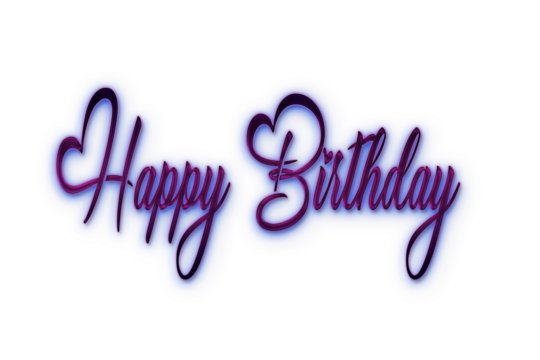 Glowing neon purple colour happy birthday lettering design isolated on transparent background. Bright neon text design in purple  birthday concepts.
